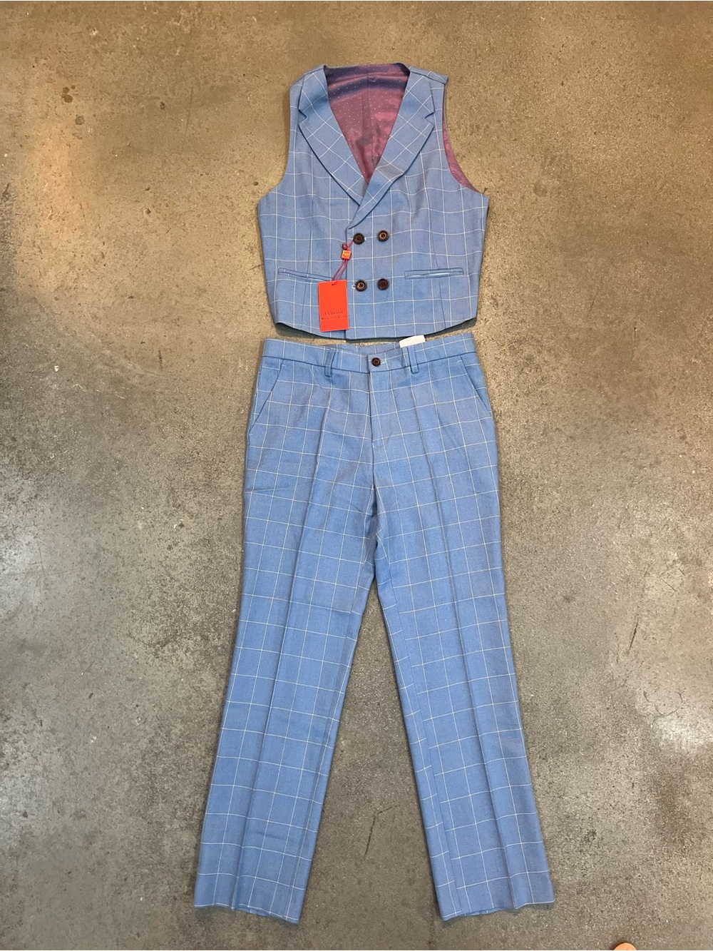 Kids Marvelous World Classic Light Blue Windowpane Suit Pants and Vest - Boys